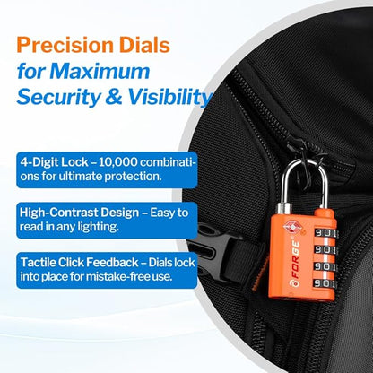 Forge Dual-Opening: Key or Combination Lock, TSA Approved Lock for Luggage, Pelican case, Travel, Gym, School, Luggage Combination Lock, Travel Bag Lock (Orange 2 Pk)