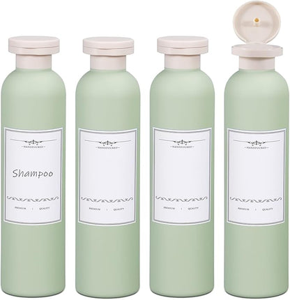 ASEVAT 8.8oz 4Pcs Green Plastic Refillable Travel Shampoo and Conditioner Bottles Plastic Refillable Travel Shampoo Bottles with Flip Cap Shampoo and Conditioner Dispenser