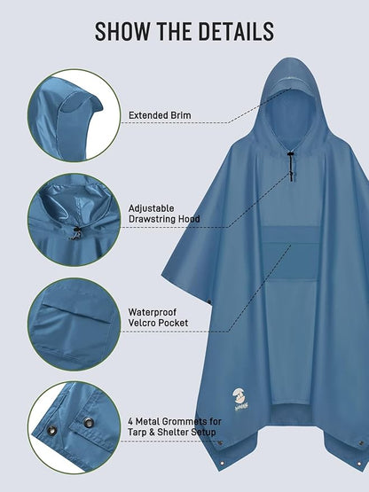 SaphiRose Extra Thick Hooded Rain Poncho Double Layer Waterproof Raincoat Jacket for Men Women Adults