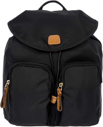 Bric's X-Travel Piccolo City Backpack 10", Water-Resistant Satin Nylon Daypack with Leather Details, Drawstring Closure, Adjustable Straps and Multi-Pocket Organization - Black