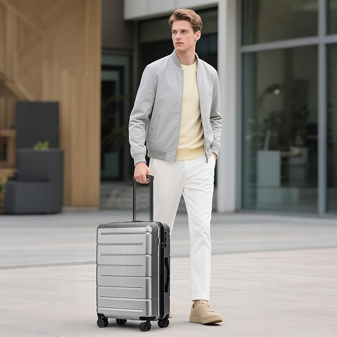 KYME Luggage Sets 2 Piece Suitcase Set Hardshell 20 inch/24 inch Luggage with Spinner Wheels Hardside PC+ABS Checked Large Suitcase with TSA Lock for Men Women Silver Grey