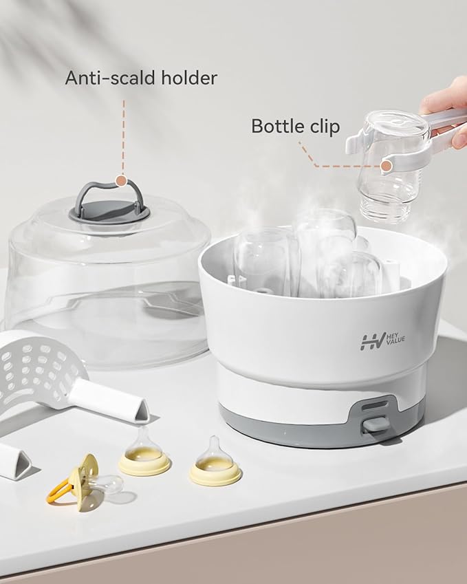HEYVALUE Ease-Steam Bottle Sterilizer, Compact Baby Bottle Sterilizer, Fast One-Touch Operation (Esterilizador de Biberones), Electric Sterilizer for Baby Bottles, Baby Essentials & Breast Pump Parts
