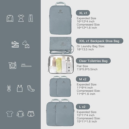 Lightweight Compression Packing Cubes for Suitcases, Compressible Expandable Travel Packing Organizer with Clear Toiletries and Backpack Bag, Travel Essentials for Carry on Luggage 7 Set