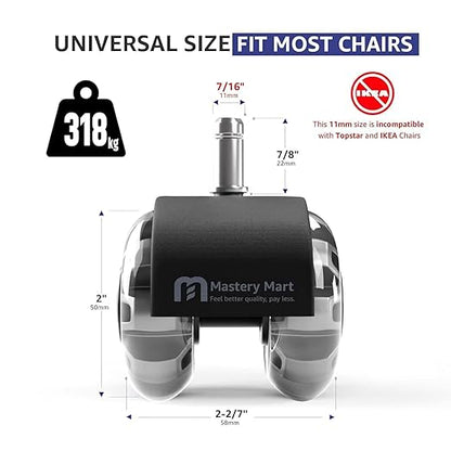 Mastery Mart Office Chair Caster Wheels for Hardwood Floors, Heavy Duty and Quiet Smooth Rollerblade Wheels for Office Chair, Universal Size (11x22mm), Suitable for Most Chairs
