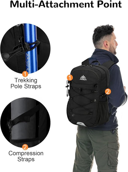 20L Small Waterproof Hiking Backpack with Chest Strap for Men, Lightweight Outdoor Daypack, Black