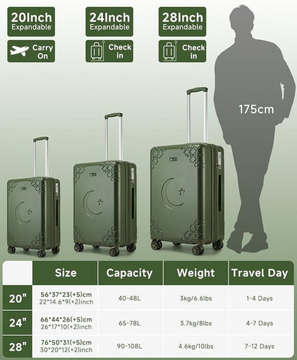 Somago Expandable Carry On luggage with Shock-Absorbing Braking Spinner Wheels Moon Star Design Hard Shell Suitcase with Cupholder TSA Lock (Army Green,Expandable 20 Inch)