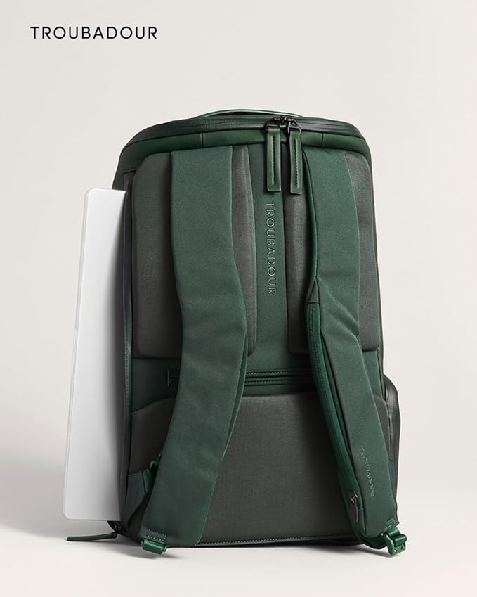 Troubadour Pioneer Backpack 3.0 - Premium Everyday Bag with Padded Laptop Section, Ventilated Shoe Compartment & Sustainable Waterproof Material - All-Day Lightweight Comfort Design - Obsidian Green