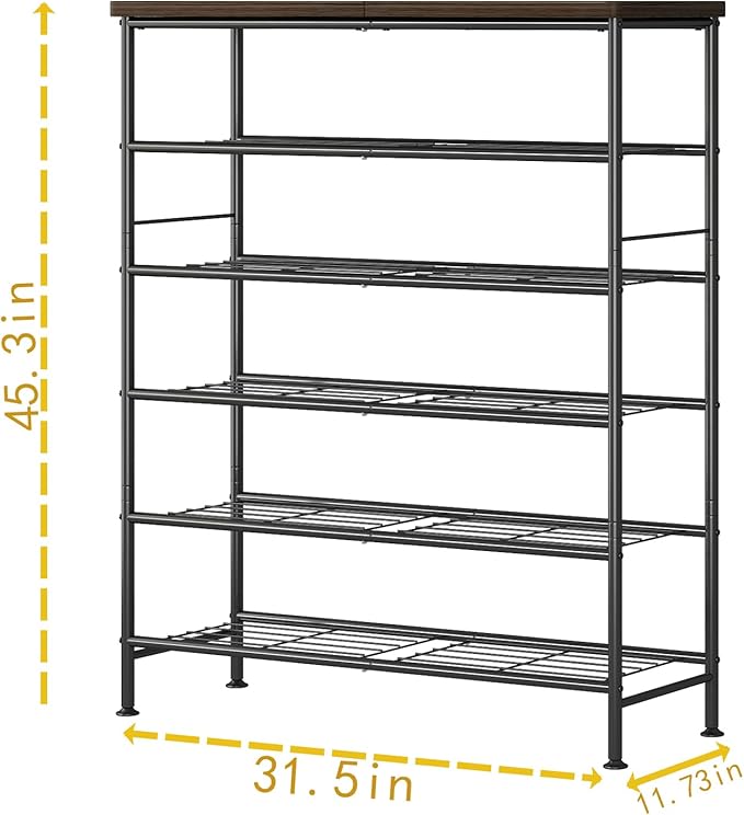 SUOERNUO Shoe Rack Organizer 6 Tier for Closet Entryway Free Standing Metal Storage Shoe Shelf with MDF Top Board，Black