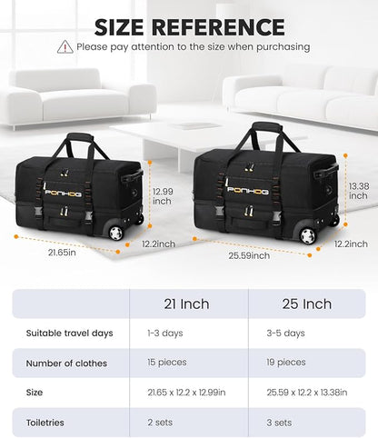 21 Inch Rolling Duffle Bag with Wheels for Men - Water Resistant Wheeled Duffle Bag for Weekend Travel & Overnight Trips