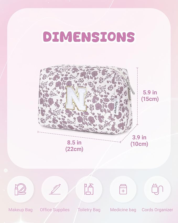 Narwey Birthday Gifts for Teen Girls Kids Women Personalized Initial Floral Makeup Bag Cute Cosmetic Trendy Stuff 6 8 10 11 12 13 14 16 18 Years Old Travel Toiletry Bag (Little Dusty Pink Flower N)