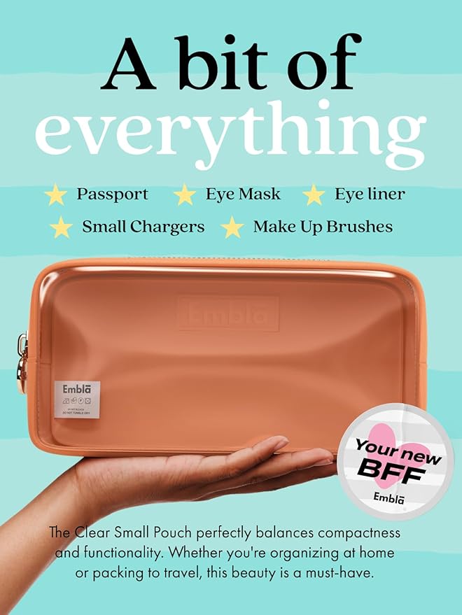 Embla London Makeup Bag Cosmetic Case, Clear Zipper Make Up Pouch and Toiletry Travel Tote, Cute Skincare Pouches for Women Girls, Preppy Purse Cosmetic Organizer, Mini Small Makeup Bags, Peach