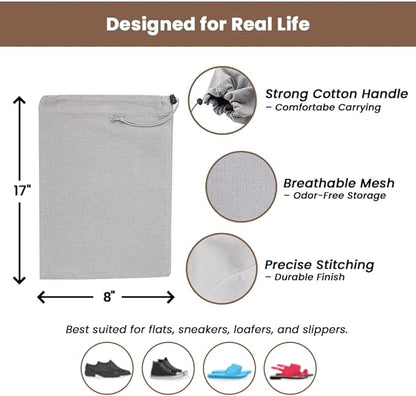 LFH Cotton Rich Shoe Storage Bags with Drawstring, Dustproof Breathable Reusable Organizer, Perfect For Travel, Dorm, Hotel, College, Gym, Easy to Carry, Machine Washable 8"x17" (Pack of 2) - Grey