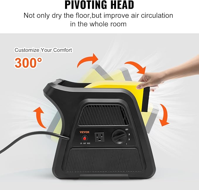 VEVOR Pivoting Utility Fan, 600 CFM High Velocity Floor Blower for Drying, Cooling, Ventilating, Exhausting, 300° Blowing Angle Air Mover, Portable Carpet Dryer Fan for Home, Work Shop