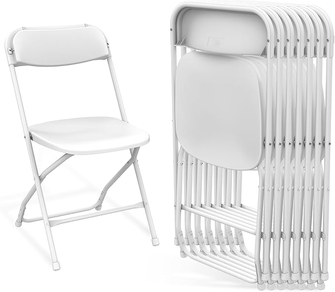 Folding Chairs 8Pack, Outdoor Portable Foldable Chair with Steel Frame, 350lbs Capacity Heavy Duty Metal White Plastic Folding Chairs for Patio, Picnic, Kitchen, Dining (Snow-White)
