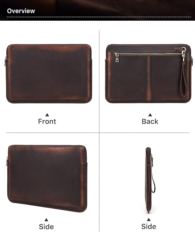 Top Grain Leather 15.4" Slim Laptop Sleeve Case Bag, Vintage Design with 2 Zip Pocket, Handmade, Compatible with MacBook Pro 15.4" Retina 2.6GHz ThinkPad 15.6" & Other PC, Coffee 15.4 Inch