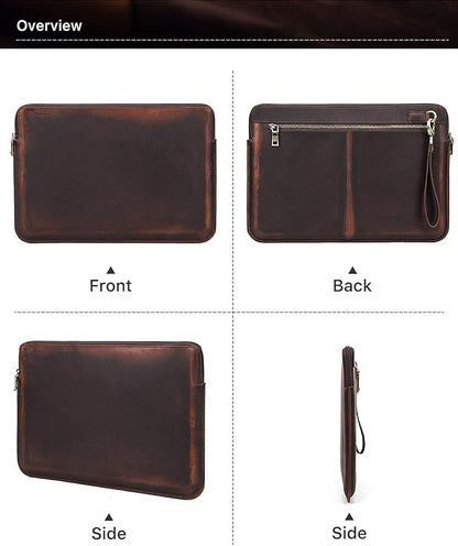 Top Grain Leather 15.4" Slim Laptop Sleeve Case Bag, Vintage Design with 2 Zip Pocket, Handmade, Compatible with MacBook Pro 15.4" Retina 2.6GHz ThinkPad 15.6" & Other PC, Coffee 15.4 Inch