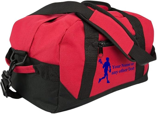 Personalized Passion 14” Small Sports Duffel Bags for Kids - Waterproof Travel Duffle with Name & Lacrosse Design - Red Two-Toned Kids Weekender Bag for Boys and Girls