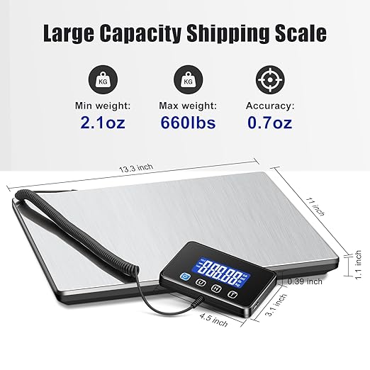 Shipping Scale, 660lbs Heavy Duty Digital Postal Scale for Packages, 0.7oz High Accurate Postage Scale for Small Business, Luggage, Home Use, Battery & Charging Cable Include