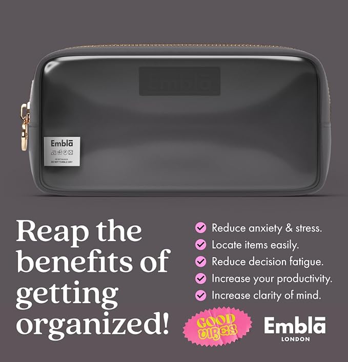 Embla London Makeup Bag Cosmetic Case, Clear Zipper Make Up Pouch and Toiletry Travel Tote, Cute Skincare Pouches for Women Girls, Preppy Purse Cosmetic Organizer, Small Makeup Bags, Grey