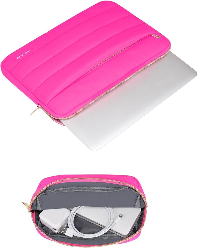 MOSISO 13.3 inch Laptop Case, 13-13.3 inch Puffy Laptop Sleeve Compatible with MacBook Air 13 13.6 M4 M3 M2 M1/Pro 13/Pro 14, HP Dell ASUS Lenovo,Polyester Horizontal Bag with Small Case, Rose Red
