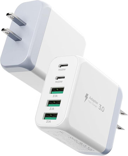 USB C Charger Block,50W 5-Port Fast Wall Charger,Dual Type-C & USB-A Multiport Charging Cube for iPhone 17/16/15/14/13 Pro Max,iPad,Samsung Galaxy–2 Pack,White