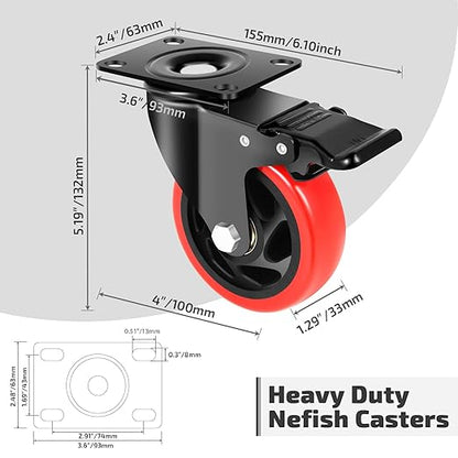 Nefish 4 Inch Industrial Caster Wheels with Brake, Casters Set of 4 Heavy Duty Grade Casters, Non-Marking Polyurethane Wheels, Workbench 1800 Lbs for Cart, Furniture, Shelving (LJ-PC-4IN)