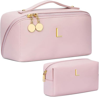Birthday Gifts for Women Teen Girl, Personalized Initial Makeup Organizer Bag Set, Open Flat Travel Cosmetic Bag With Clear Divider and Handle(Pink,L)
