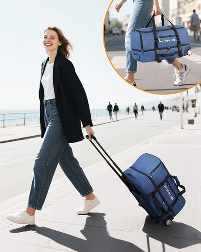 21 Inch Rolling Duffle Bag with Wheels for Men - Water Resistant Wheeled Duffle Bag for Weekend Travel & Overnight Trips, Blue