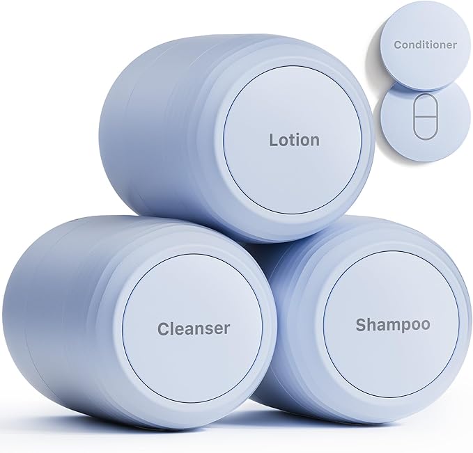 New Travel Toiletry Containers [Ultra Leakproof] TSA-Approved, PLA Hard Shell Jars with 5 Magnetic Labels, Wide Mouth Bottles for Lotion, Cleanser, Shampoo, Conditioner, Blue, 3 Pack, 2OZ