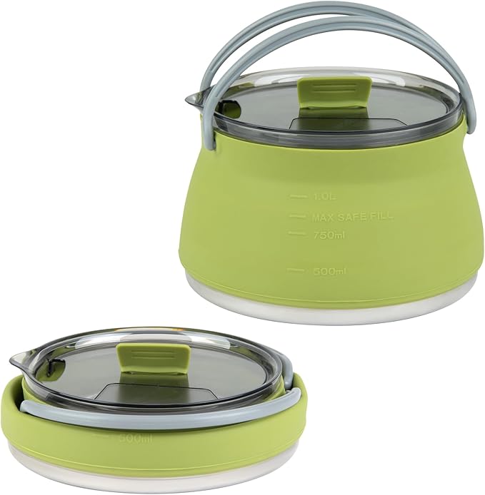Hi Tek 1 Liter Collapsible Camping Kettle, 1 Portable Cook Pot - With Perforated Lid, Stainless Steel Bottom, Silicone Camping Coffee Pot, With High Heat Nylon Handles, For Travel - Restaurantware