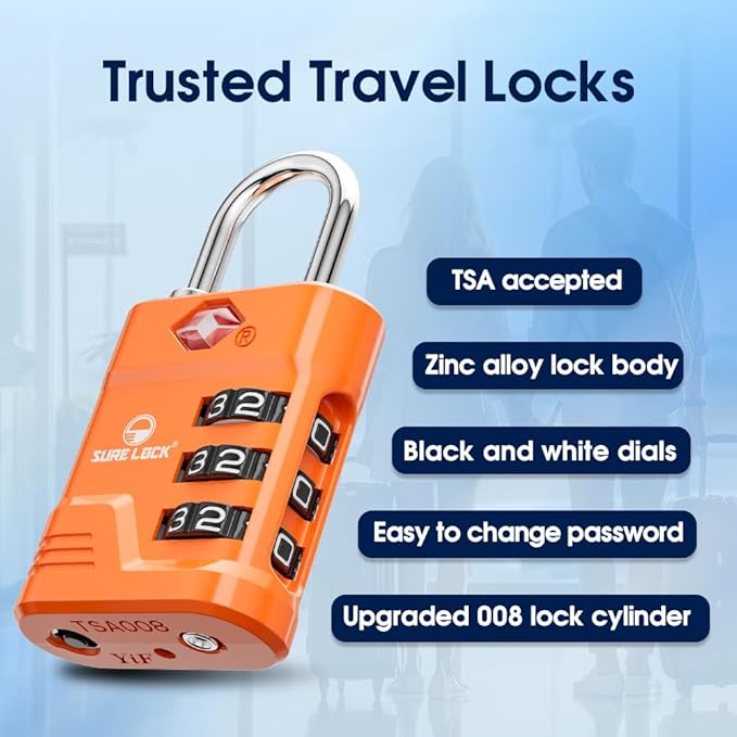 SURE LOCK TSA Locks for Luggage, TSA Approved Luggage Locks with Open Alert, 008 Key for High Security, Easy Read Dials, Zinc Alloy Body, Locker Lock for Suitcase, Gym, Travel. (Orange 2 pk)