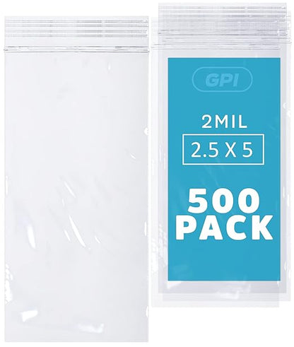 GPI - Pack of 500, 2.5" x 5" 2 Mil Thick - Clear Plastic Reclosable Zip Bags - Bulk, Strong & Durable Poly Baggies with Resealable Zip Top Lock for Travel, Storage, Packaging & Shipping