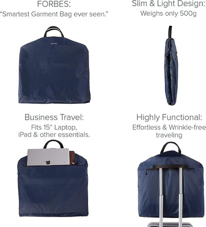SkyHanger - Carry on Garment Bag with unique Titanium Suit Hanger for Men & Women - best-in-class functionality for wrinkle-free traveling - lightweight & water repellent nylon - Blue
