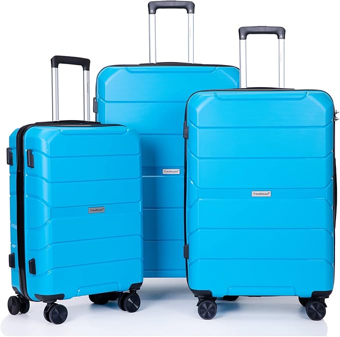 Luggage Sets Wear-Resistance Hardside Lightweight Suitcase Double Spinner Wheels, TSA Lock,Two Hooks, Scratch-resistant Carry-on,3 Piece Set(20inch 24inch 28inch) (Light Blue)