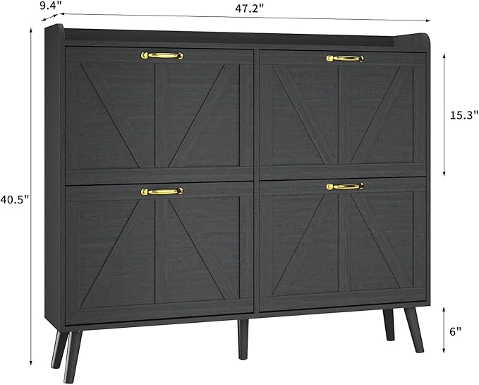 Shoe Storage Cabinet with 4 Flip Drawers, Shoe Cabinet Storage for Entryway Slim, Freestanding Black Shoe Cabinet, Farmhouse Shoe Organizer Hidden Shoe Cabinets with Wooden Legs, Black