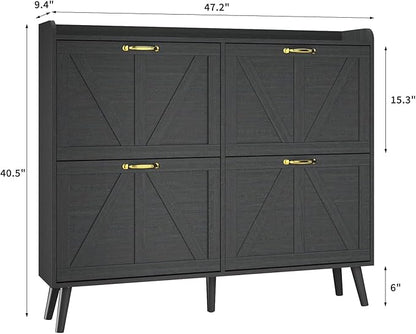 Shoe Storage Cabinet with 4 Flip Drawers, Shoe Cabinet Storage for Entryway Slim, Freestanding Black Shoe Cabinet, Farmhouse Shoe Organizer Hidden Shoe Cabinets with Wooden Legs, Black