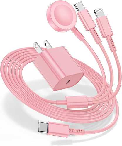 for Apple Watch Charger 6FT, 3 in 1 Magnetic Smart iWatch Fast Charger Cable with 20W Type C Wall Charger Block for Apple Watch Series Ultra/SE/9/8/7/6/5/4/3/2/1 & iPhone15/14/13/12/11 (Pink)