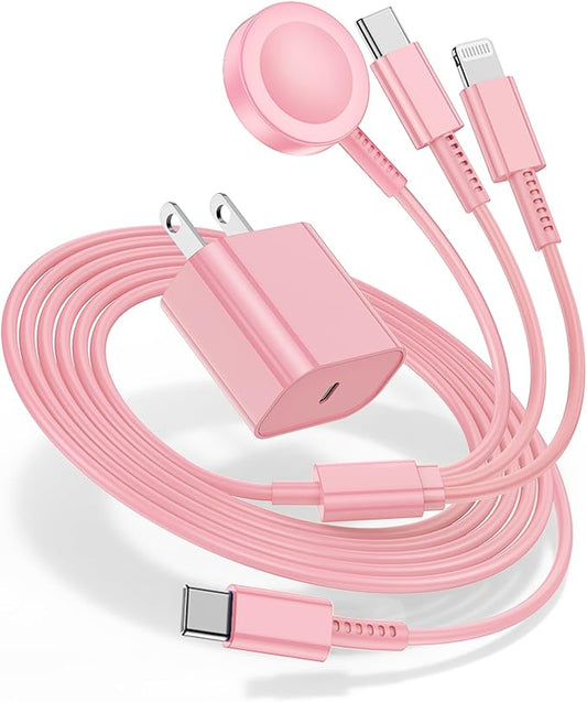 for Apple Watch Charger 6FT, 3 in 1 Magnetic Smart iWatch Fast Charger Cable with 20W Type C Wall Charger Block for Apple Watch Series Ultra/SE/9/8/7/6/5/4/3/2/1 & iPhone15/14/13/12/11 (Pink)