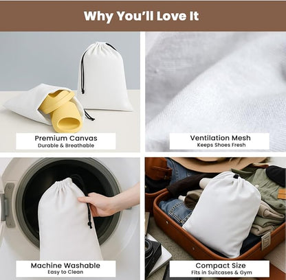LFH Cotton Rich Shoe Storage Bags with Drawstring, Dustproof Breathable Reusable Organizer, Perfect For Travel, Dorm, Hotel, College, Gym, Easy to Carry, Machine Washable 8"x17" (Pack of 4) - White