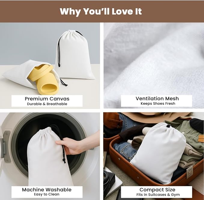 LFH Cotton Rich Shoe Storage Bags with Drawstring, Dustproof Breathable Reusable Organizer, Perfect For Travel, Dorm, Hotel, College, Gym, Easy to Carry, Machine Washable 12"x17" (Pack of 4) - White