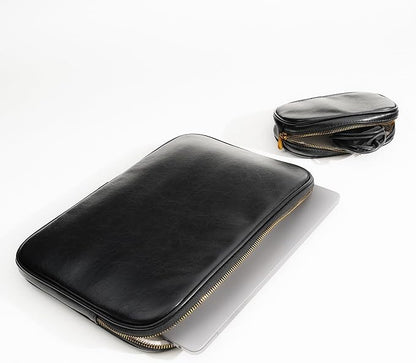 PU Leather Padded Laptop Sleeve Bag 14Inch Compatible with New MacBook Pro 14，Surface Laptop 13.5, Surface Pro 10 with Charger Pouch Color Black