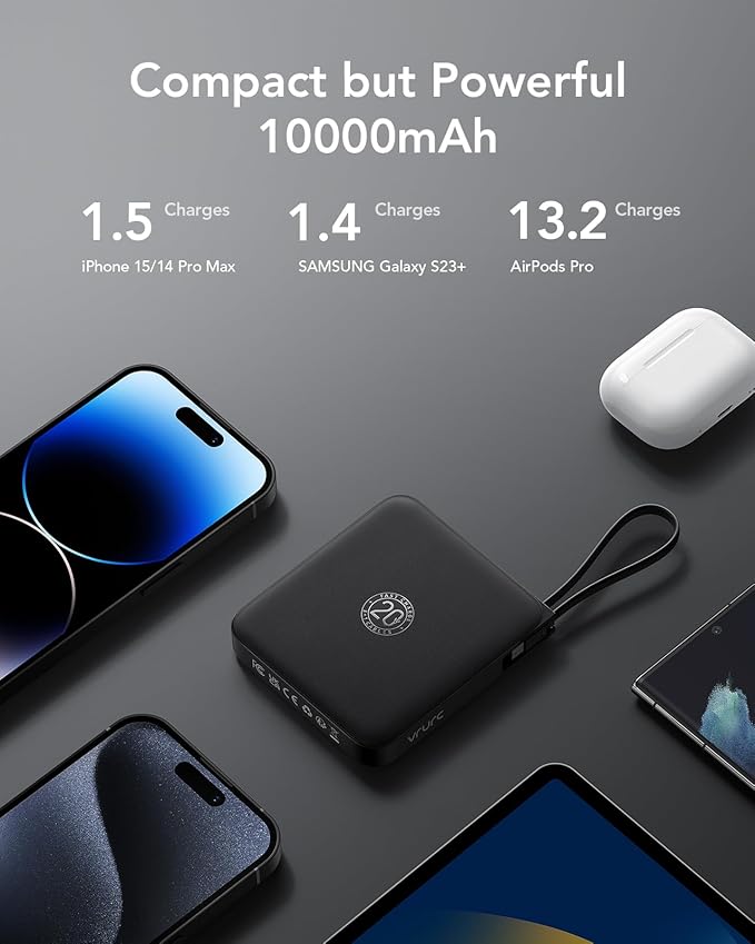 VRURC Portable Charger with Built-in Cable, 10000mAh 22.5W Fast Charging USB C Battery Pack, Cell Phone Power Bank for iPhone 17 16 15 Samsung Galaxy S25 S24 S23 Series Android Tablet, Black(1 Pack)
