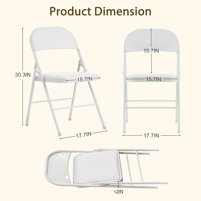 6 Pack White Folding Chairs with Comfortable Cushion and Back, Portable & Foldable Indoor Outdoor Chairs with Durable Metal Frame for Office/Party/Events/Kitchen/Dinning/Wedding, 330lbs Capacity