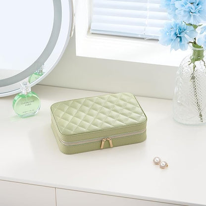 Lolalet Travel Jewelry Case for Women Girls, Travel Jewelry Organizer Box with Mirror & Clear Storage Bag, Small Portable Earring Necklace Bracelet Ring Case, Birthday Christmas Gifts -Medium, Green