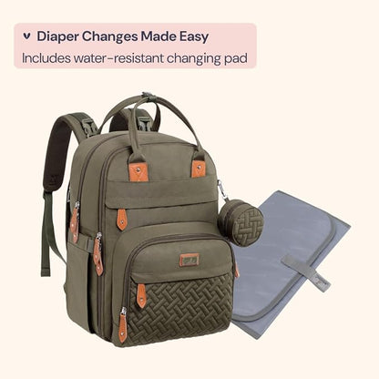 BabbleRoo Diaper Bag Backpack - Baby Essentials Travel Tote - Multi Function Water Resistant Diaper Bag, Travel Essentials Baby Bag with Changing Pad, Stroller Straps & Pacifier Case - Army Green
