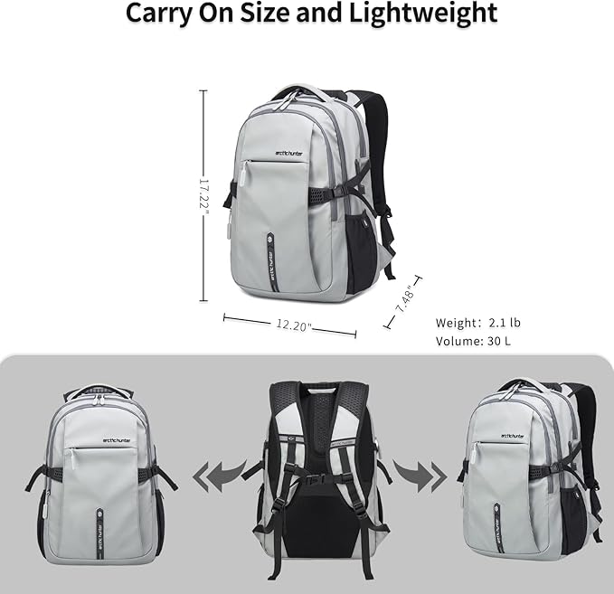 ARCTIC HUNTER AH Travel Carry On 15.6" Laptop Backpack for Men, Large 30L Anti-Theft & Waterproof Backpacks Flight Approved for Business, Commuting, Work, Weekend Casual Daypack, Grey, Silver
