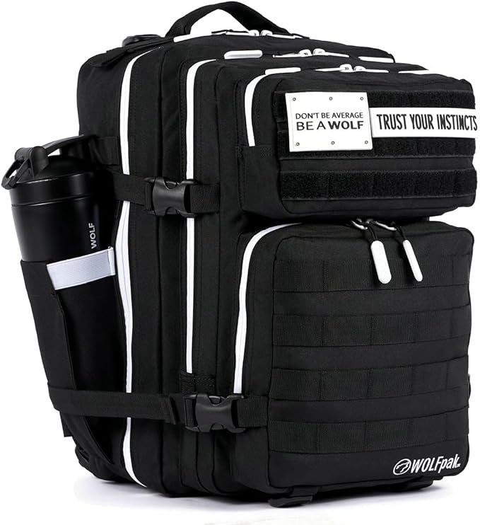 WOLFpak 35L Athletic Gym Backpack - Durable 1000D Waterproof Oxford Material with MOLLE Webbing, Laptop Pocket & Dual Cup Holders, Durable Fitness/Travel/Military Daypack (Alpha Black White Accents)