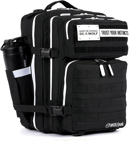 WOLFpak 35L Athletic Gym Backpack - Durable 1000D Waterproof Oxford Material with MOLLE Webbing, Laptop Pocket & Dual Cup Holders, Durable Fitness/Travel/Military Daypack (Alpha Black White Accents)