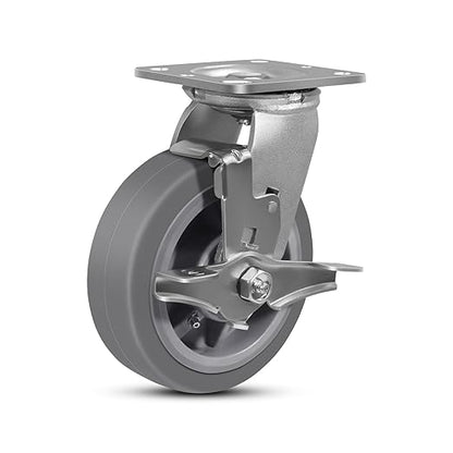 6 Inch Rubber Wheels (Flat Tread)- Heavy Duty Casters, Industrial Caster Wheels- with up to 1000 LB Capacity- Use for Dollies, Utility and Maintenance Carts(1 Brake)
