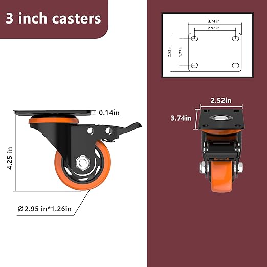3 Inch Caster Wheels,Orange Casters Set of 4, Heavy Duty Casters with Brake 2300 Lbs, Locking Industrial Swivel Top Plate Casters Wheels for Furniture and Workbench Cart(Two Hardware Kits Include)